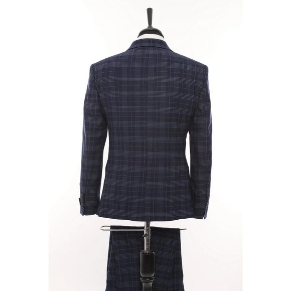 Derman Double Breasted Navy Square Patterned Fabric 3 Piece Suit - Picture 5 of 6